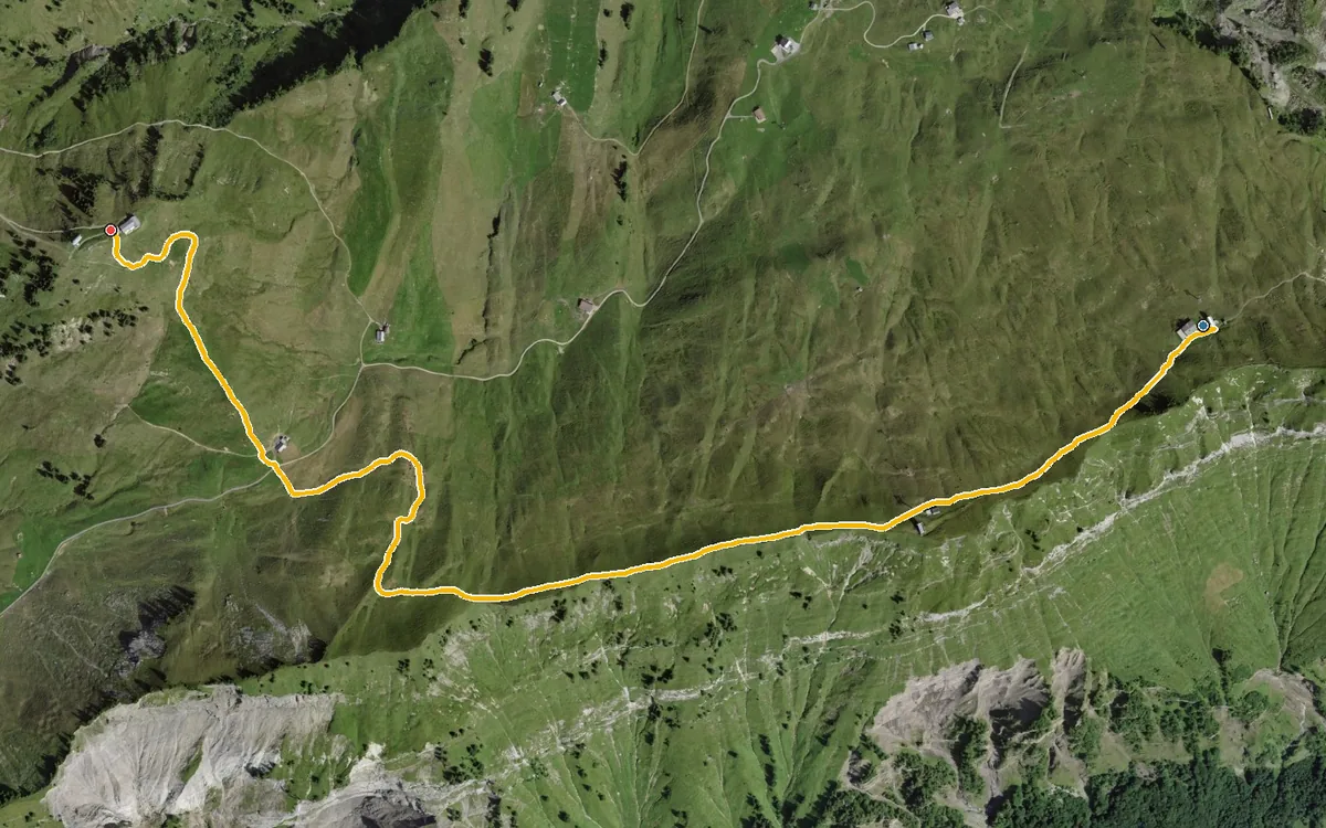 Vista aerea con il percorso tracciato: Sentiero in quota dal Klein Sternen allo Spirstock