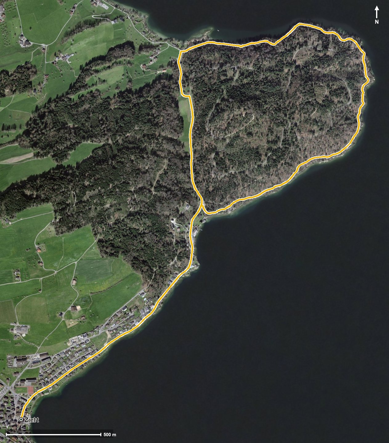 Luftbild mit eingezeichneter Route: Immensee - Chiemen Rundwanderung