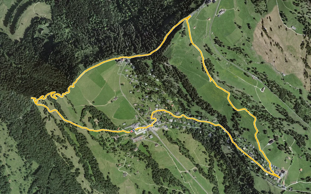 Vista aerea con il percorso tracciato: Anello senza barriere: Rigi Kaltbad–Rigi Staffel