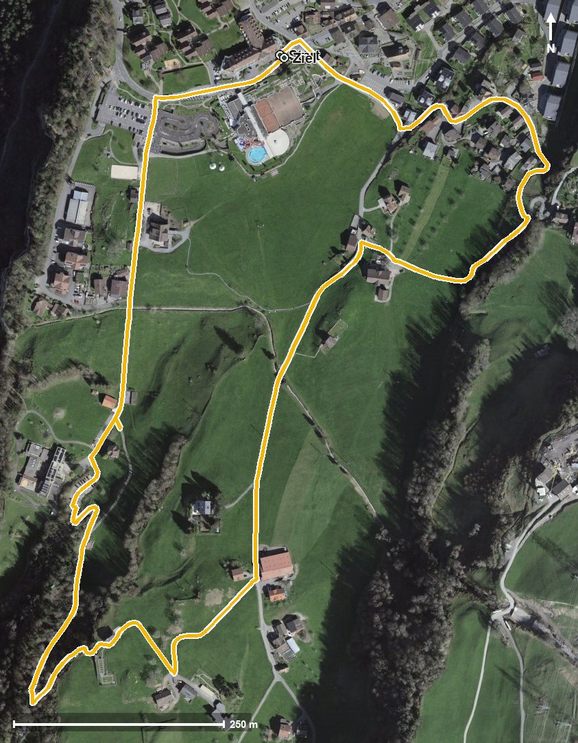 Luftbild mit eingezeichneter Route: Kapellenweg
