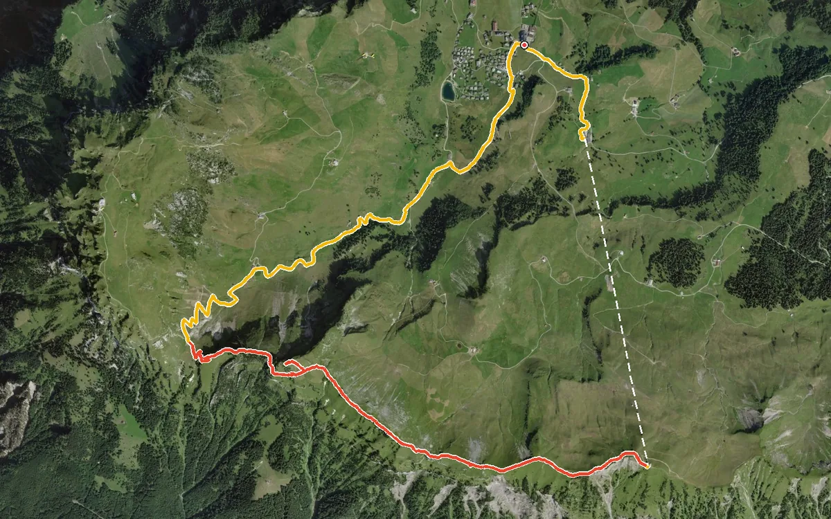 Vista aerea con il percorso tracciato: Anello dal villaggio di montagna di Stoos per il Chlingenstock