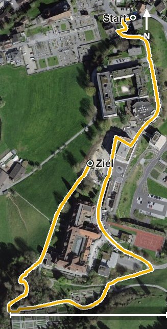 Luftbild mit eingezeichneter Route: Klosterweg - Kloster Ingenbohl