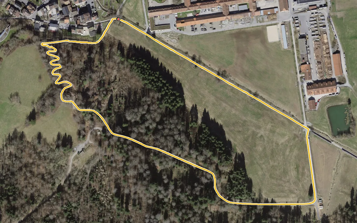Vista aerea con il percorso tracciato: Breve salita dalla facciata del monastero di Einsiedeln