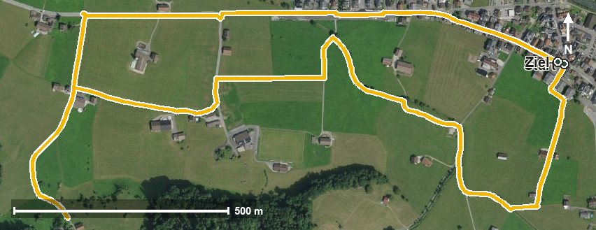 Luftbild mit eingezeichneter Route: Lourdesgrotte