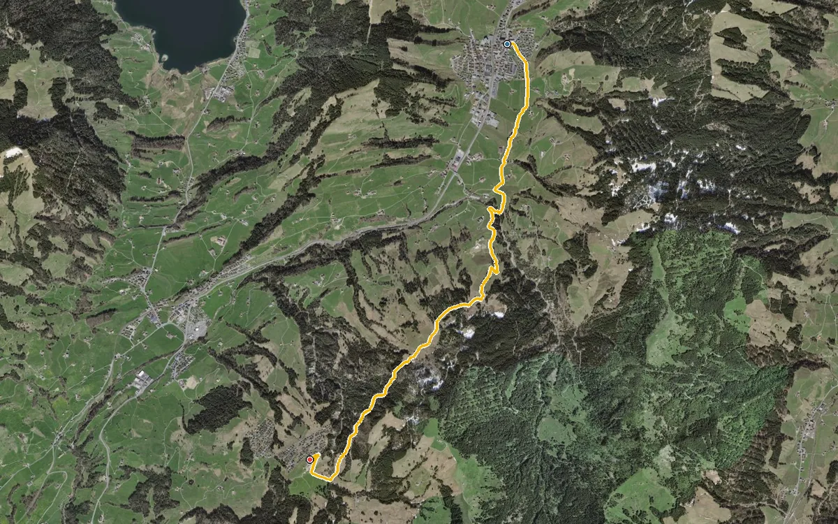 Vista aerea con il percorso tracciato: Da Rothenthurm in salita al Mostelberg