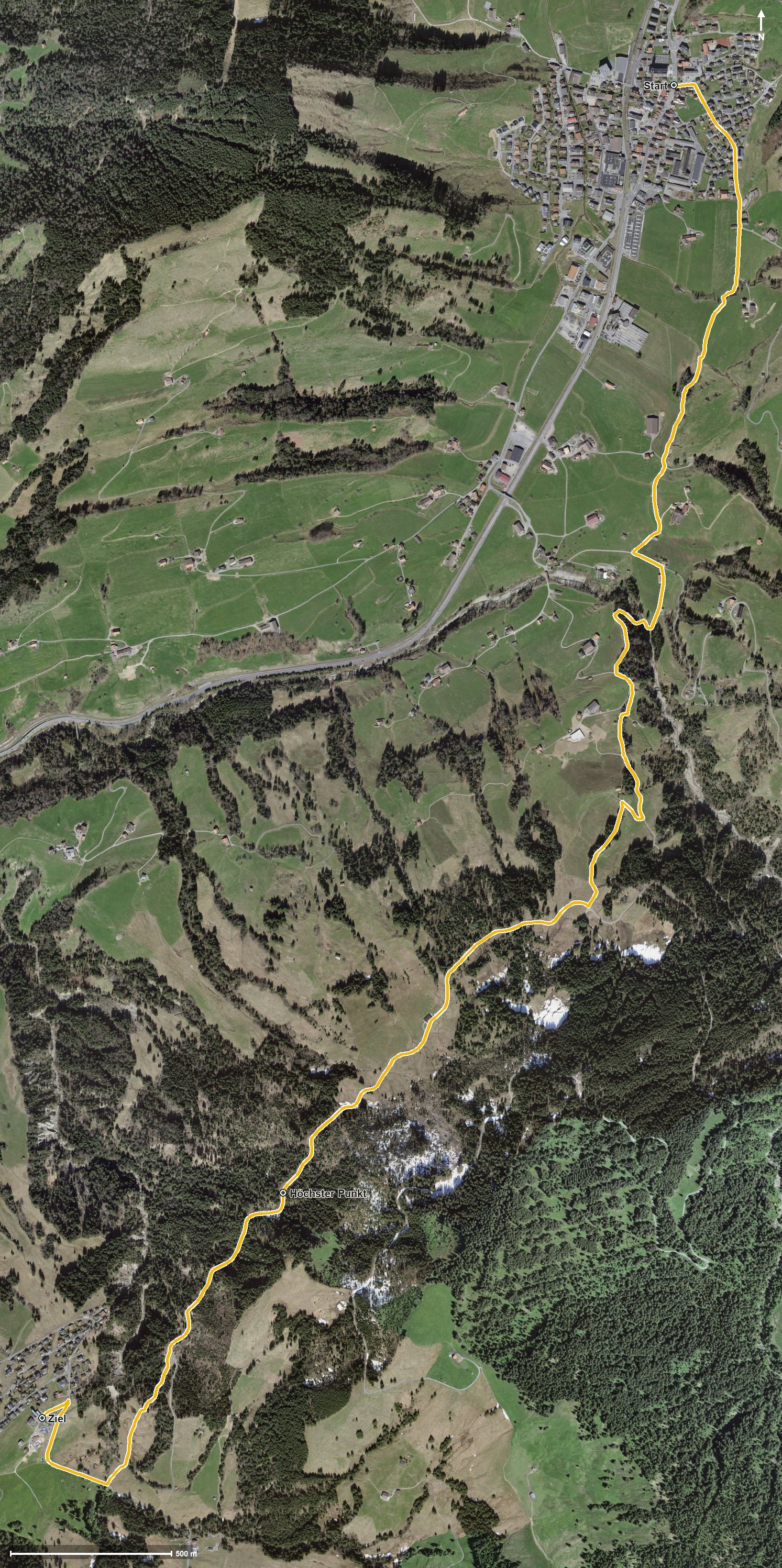 Luftbild mit eingezeichneter Route: Mäderenweg