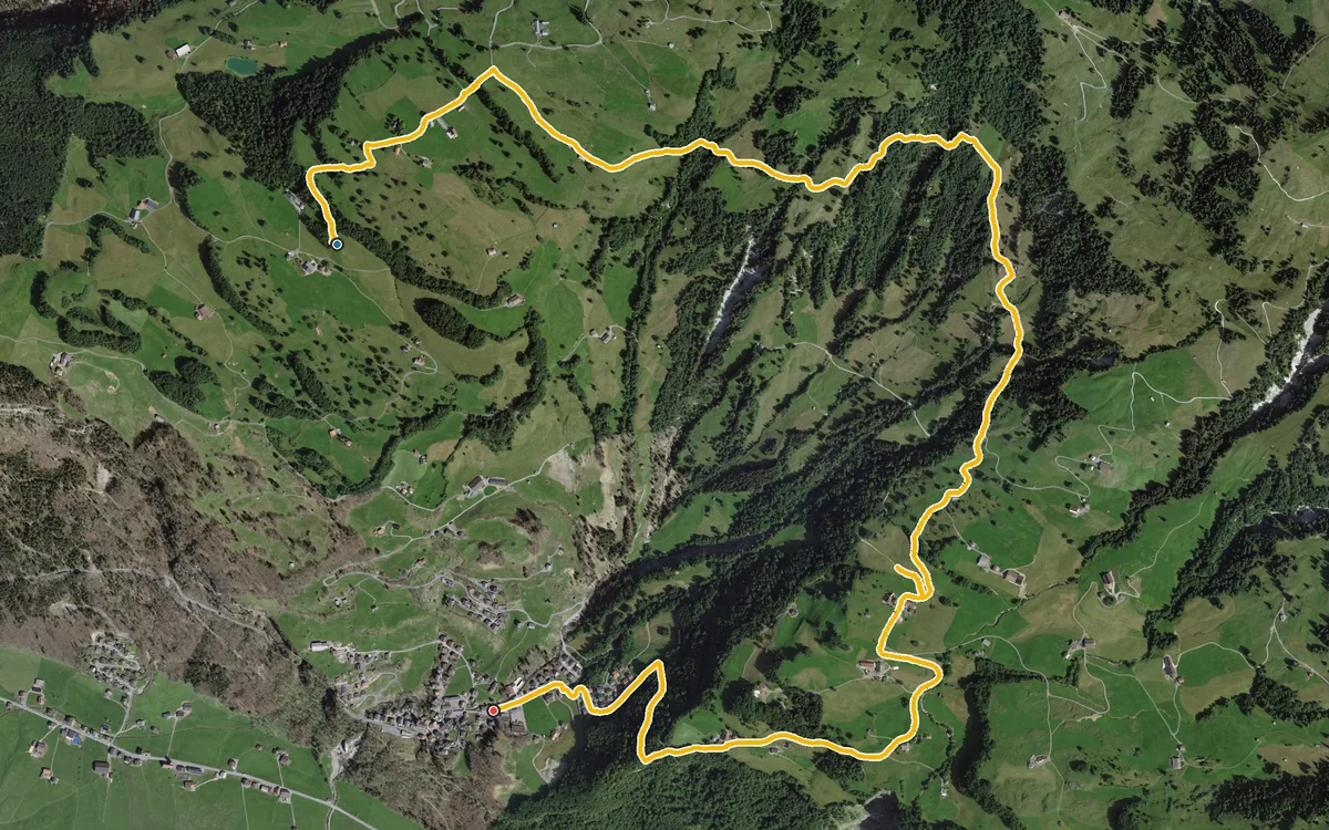 Vista aerea con il percorso tracciato: Da St. Karl in discesa a Illgau