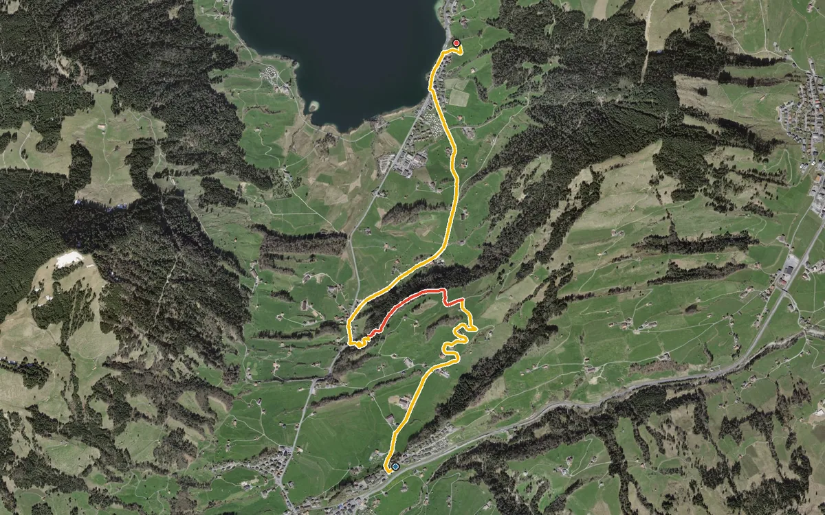 Vista aerea con il percorso tracciato: Da Sattel a Morgarten, sul lago di Ägeri