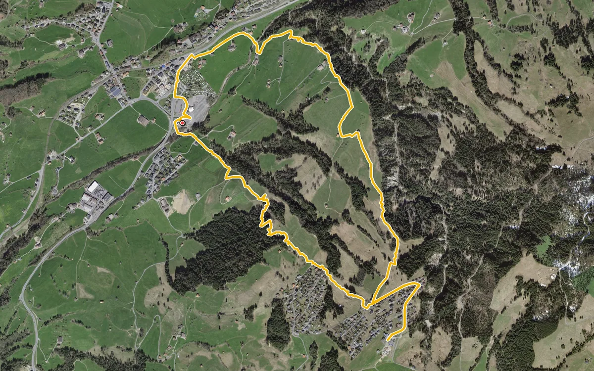 Luftbild mit eingezeichneter Route: Wanderung auf dem Mostelberg