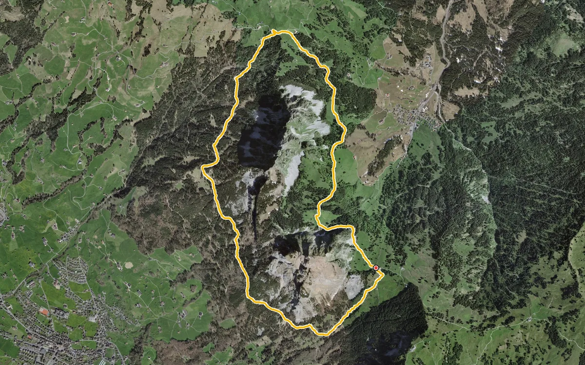 Vista aerea con il percorso tracciato: Anello dalla Holzegg per la Haggenegg