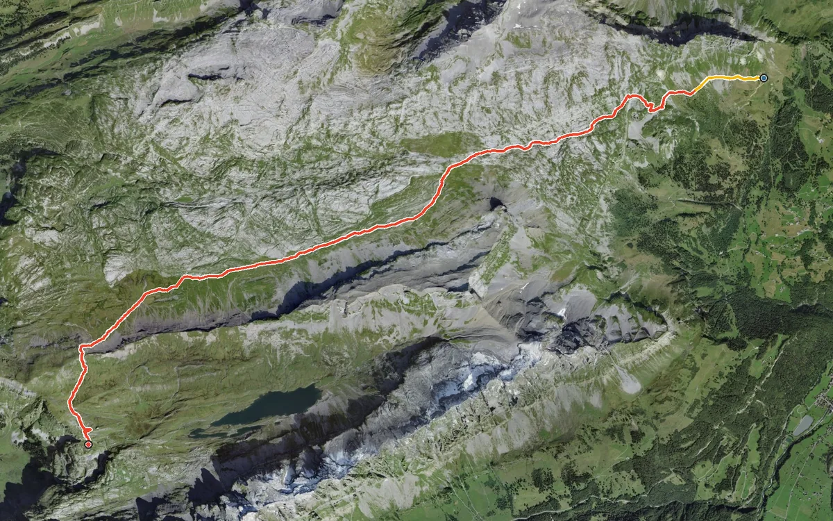 Vista aerea con il percorso tracciato: Da Braunwald al Bisistal per il passo