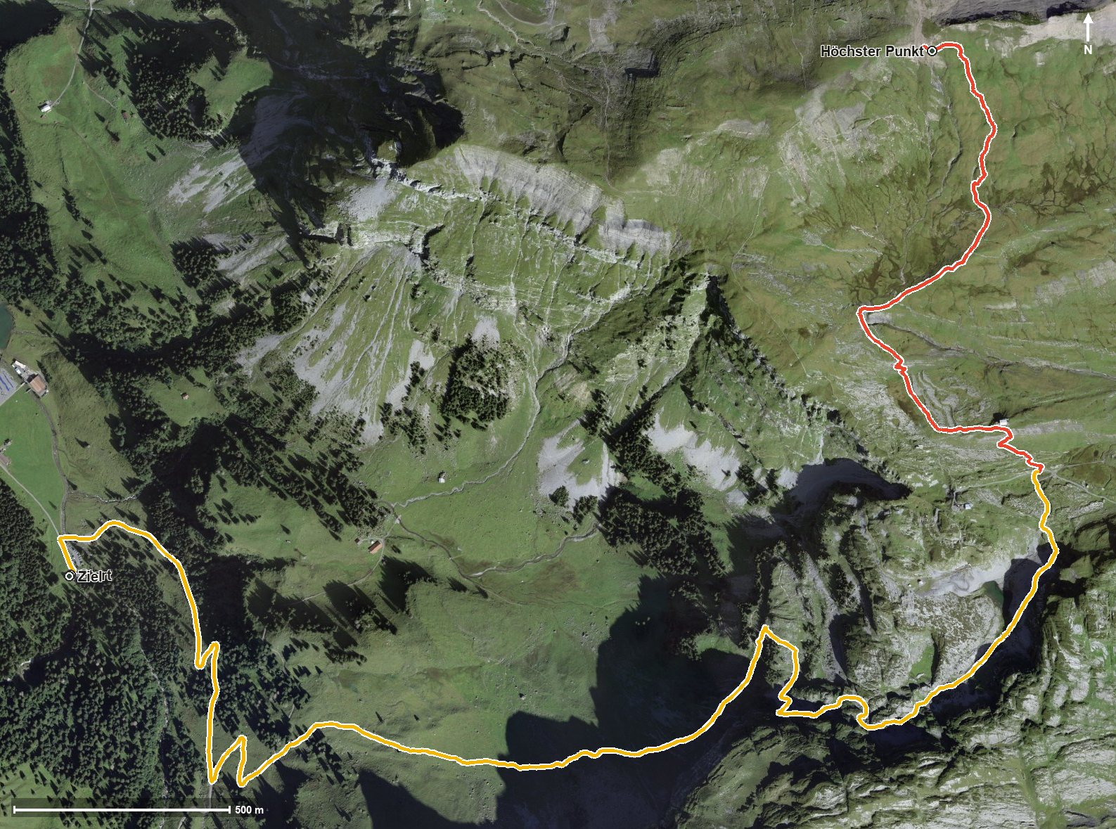Luftbild mit eingezeichneter Route: Pfaff