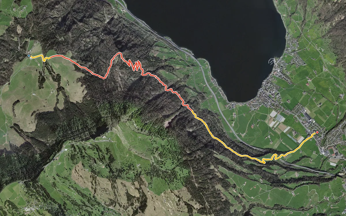 Vista aerea con il percorso tracciato: Dalla Seebodenalp in discesa a Oberarth