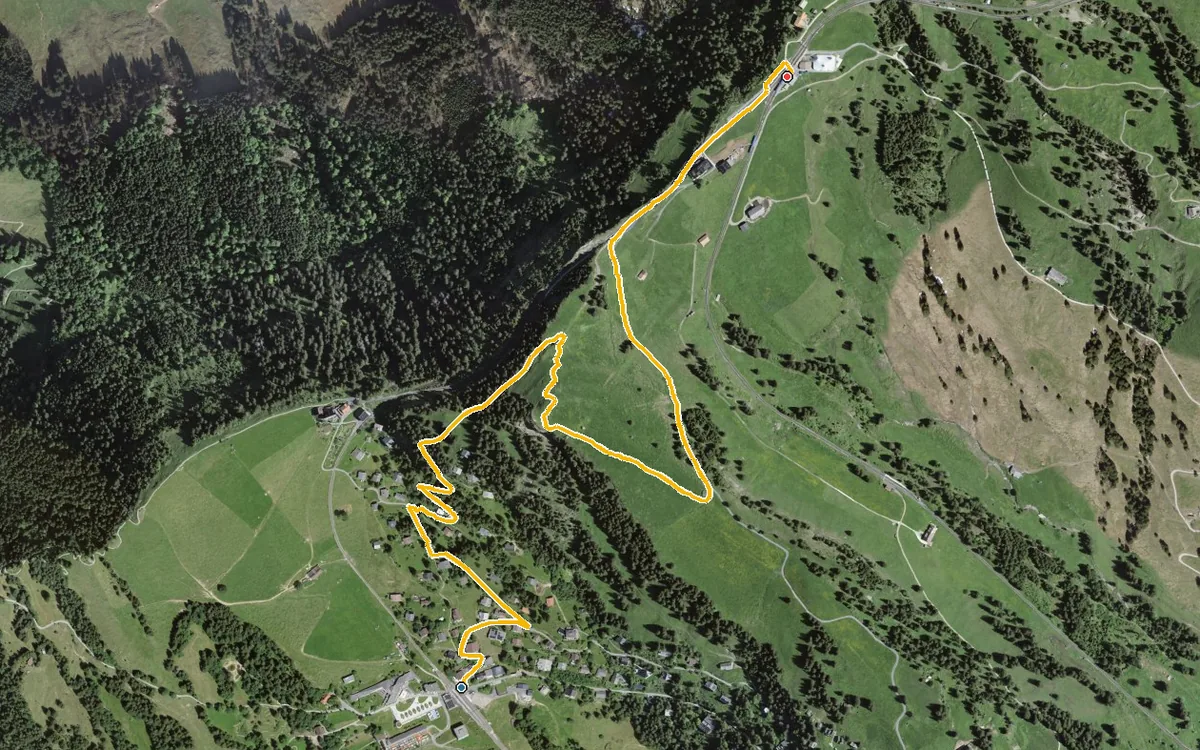 Vista aerea con il percorso tracciato: Da Rigi Kaltbad a Rigi Staffel per il Rotstock
