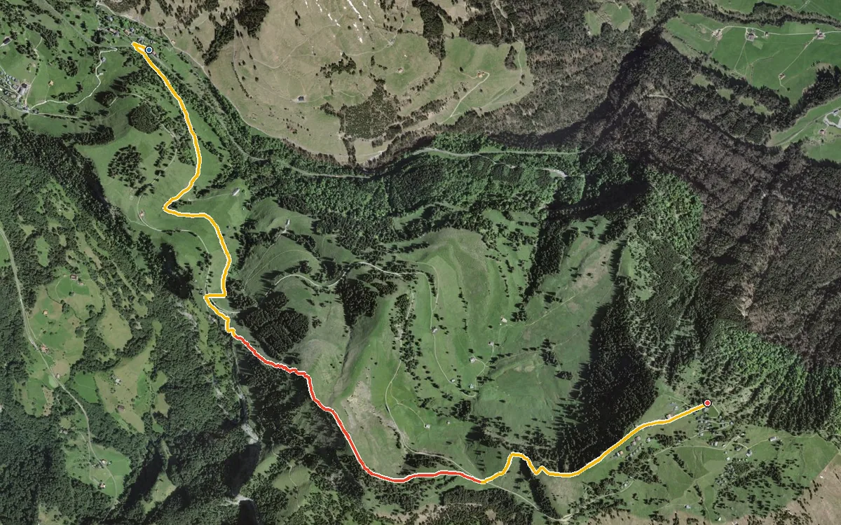 Vista aerea con il percorso tracciato: Da Rigi Klösterli in salita a Rigi Scheidegg
