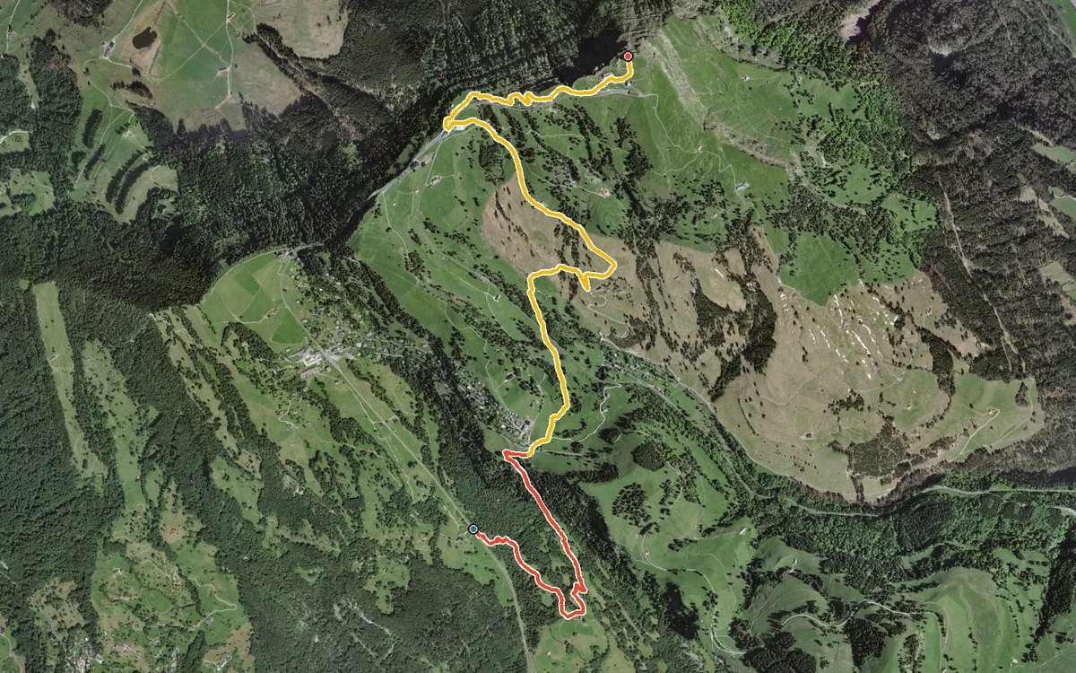 Vista aerea con il percorso tracciato: Dal Felsentor al Rigi Kulm per Rigi Staffel