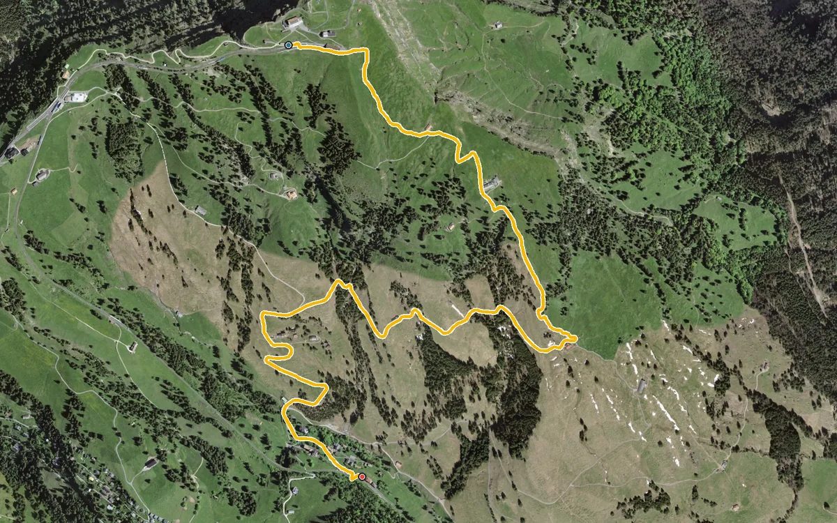 Vista aerea con il percorso tracciato: Da Rigi Kulm a Rigi Klösterli per il Chäserenholz