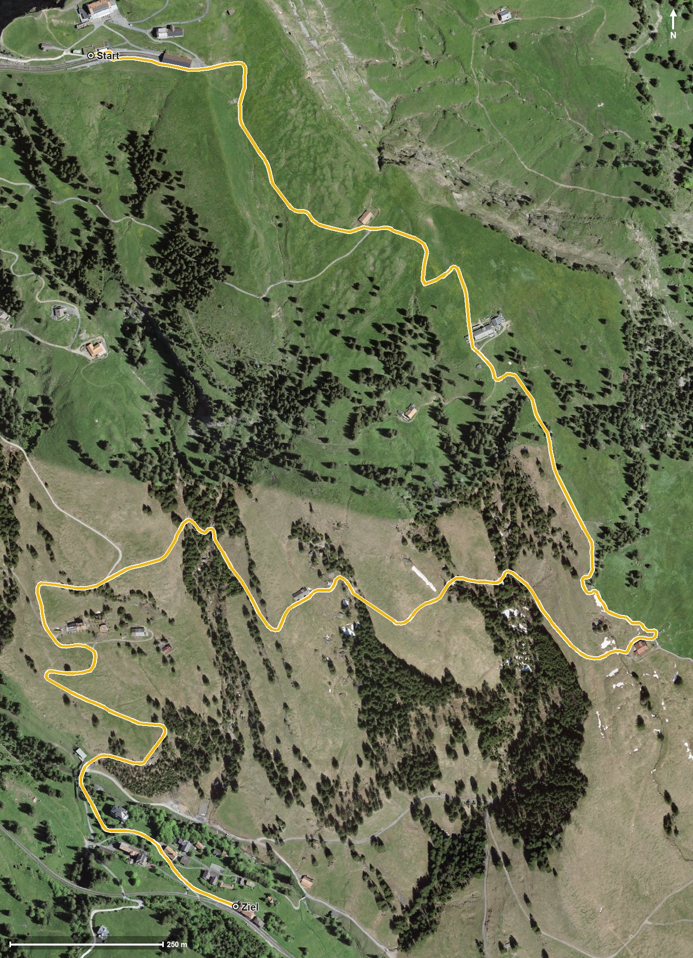 Luftbild mit eingezeichneter Route: Rigi Kulm Grat