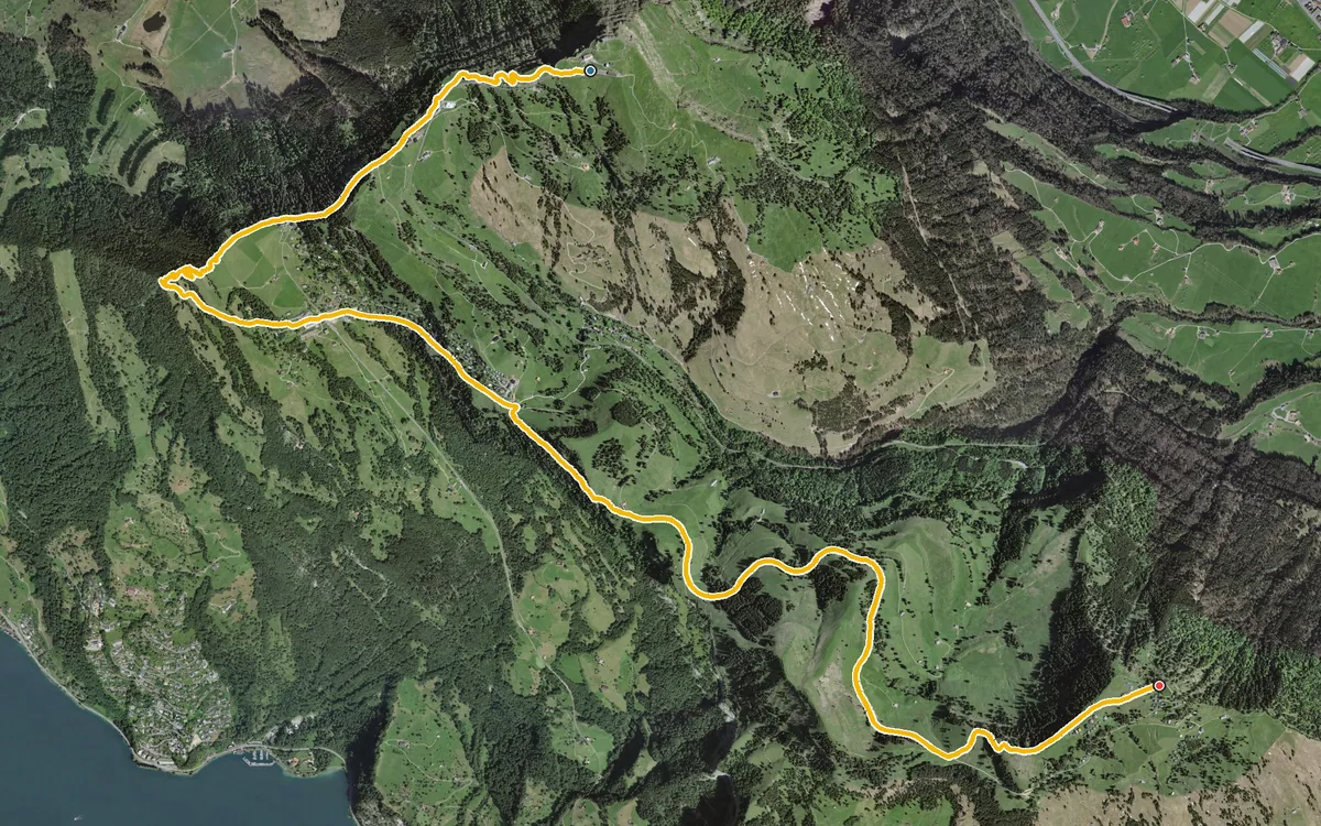 Vista aerea con il percorso tracciato: Dal Rigi Kulm alla Scheidegg per Rigi Kaltbad