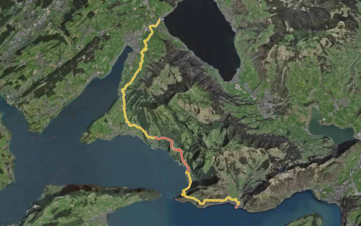 Vista aerea con il percorso tracciato: Da Immensee a Gersau lungo la riva del lago