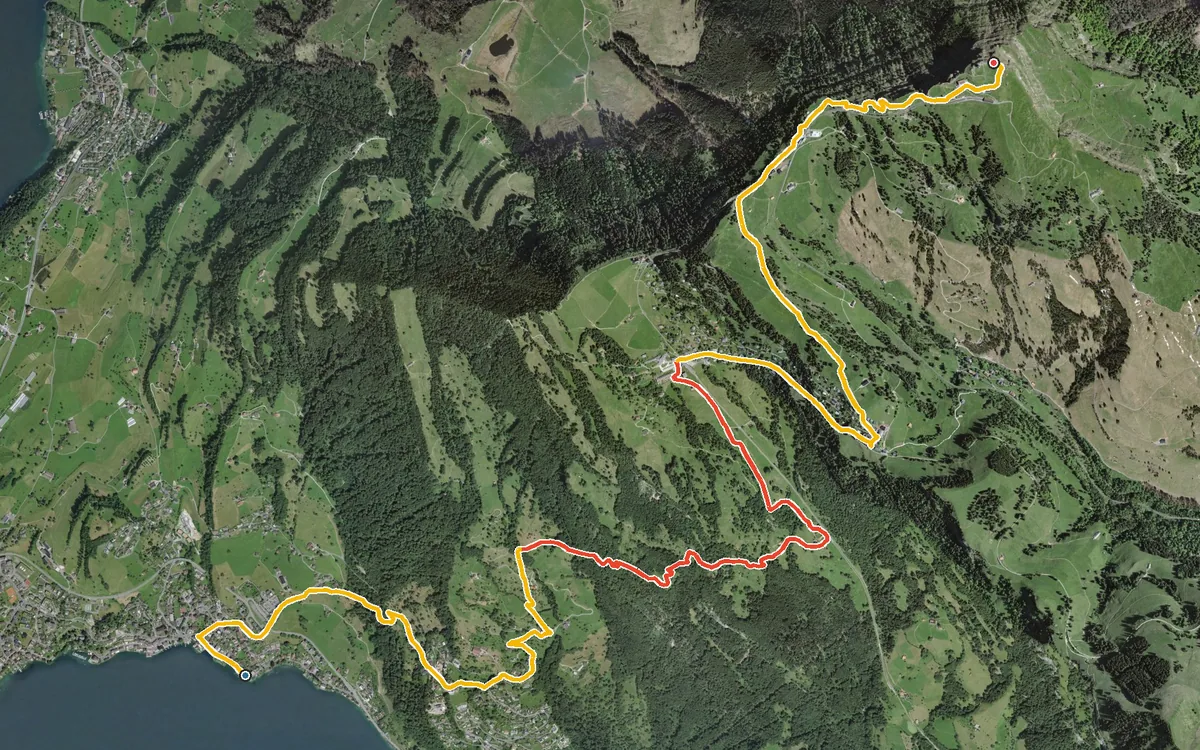 Luftbild mit eingezeichneter Route: Von Weggis zu Fuss hinauf auf die Rigi Kulm