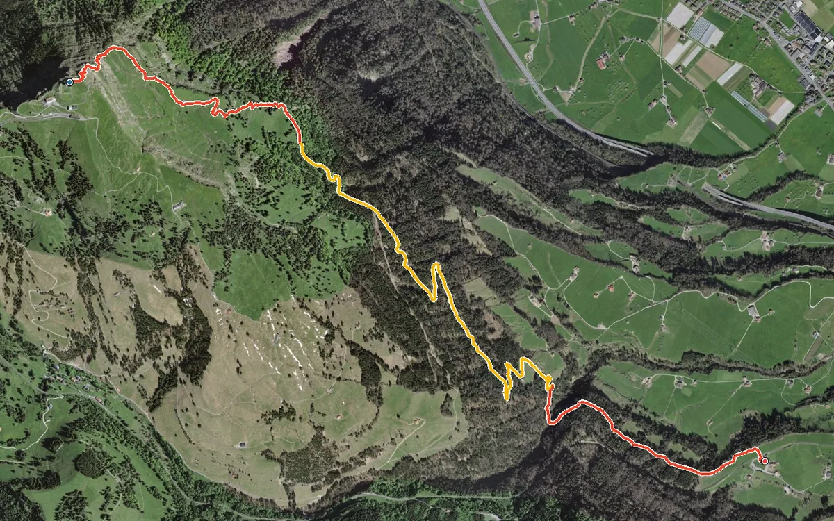 Luftbild mit eingezeichneter Route: Von Rigi Kulm hinunter nach Chräbel