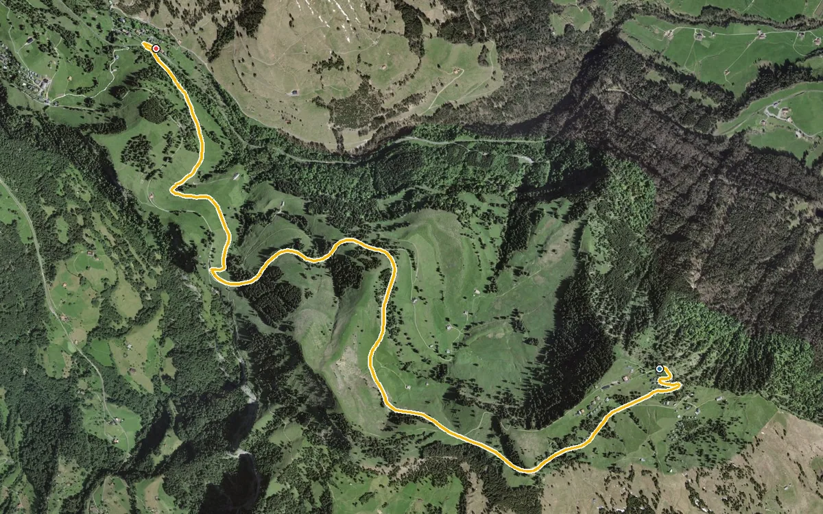 Vista aerea con il percorso tracciato: Sentiero in quota tutto l’anno, Rigi Scheidegg–Unterstetten