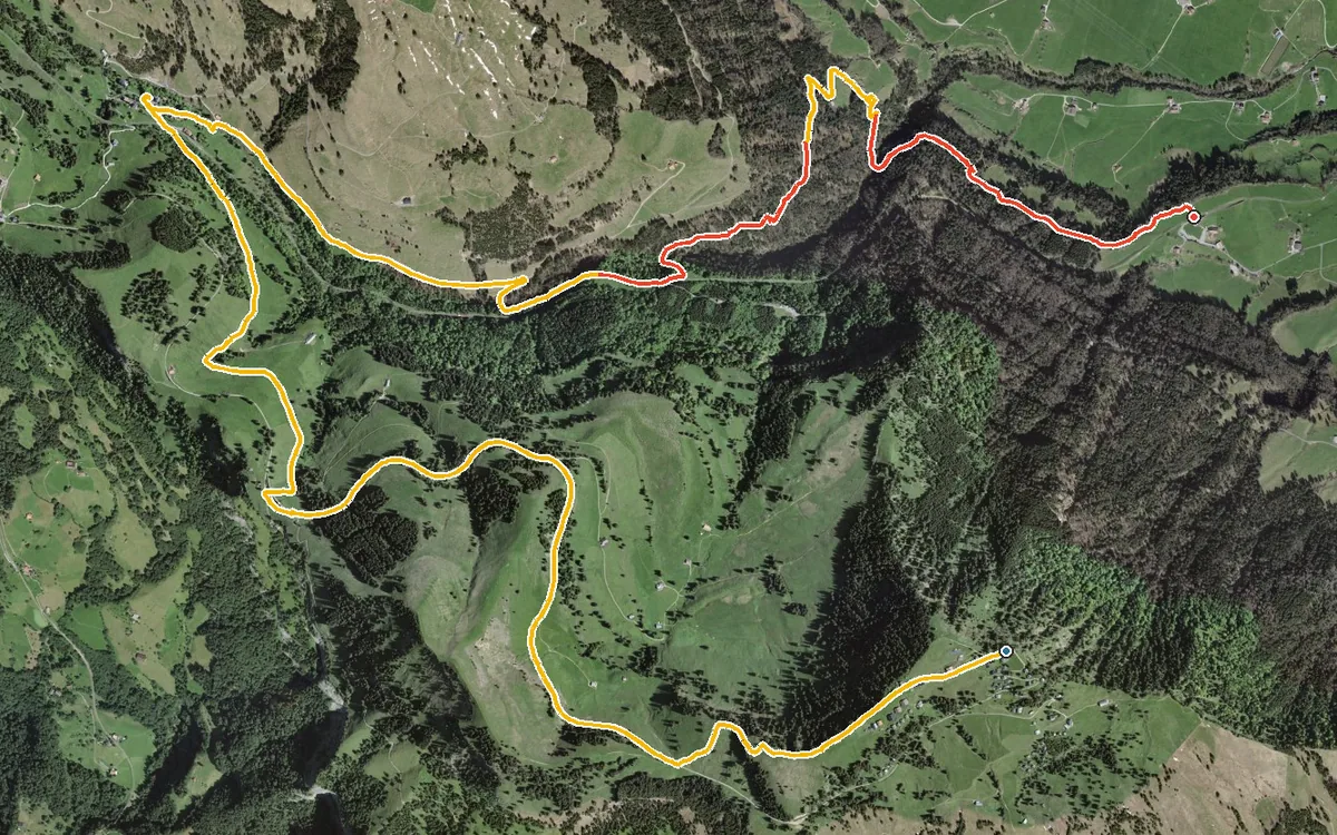 Vista aerea con il percorso tracciato: Da Rigi Scheidegg in discesa a Kräbel