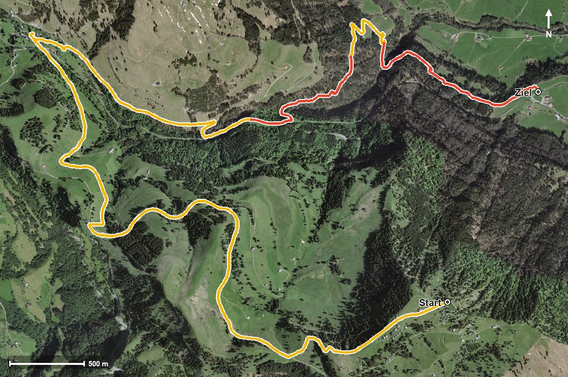 Luftbild mit eingezeichneter Route: Rigi Scheidegg - Dächli - Kräbel