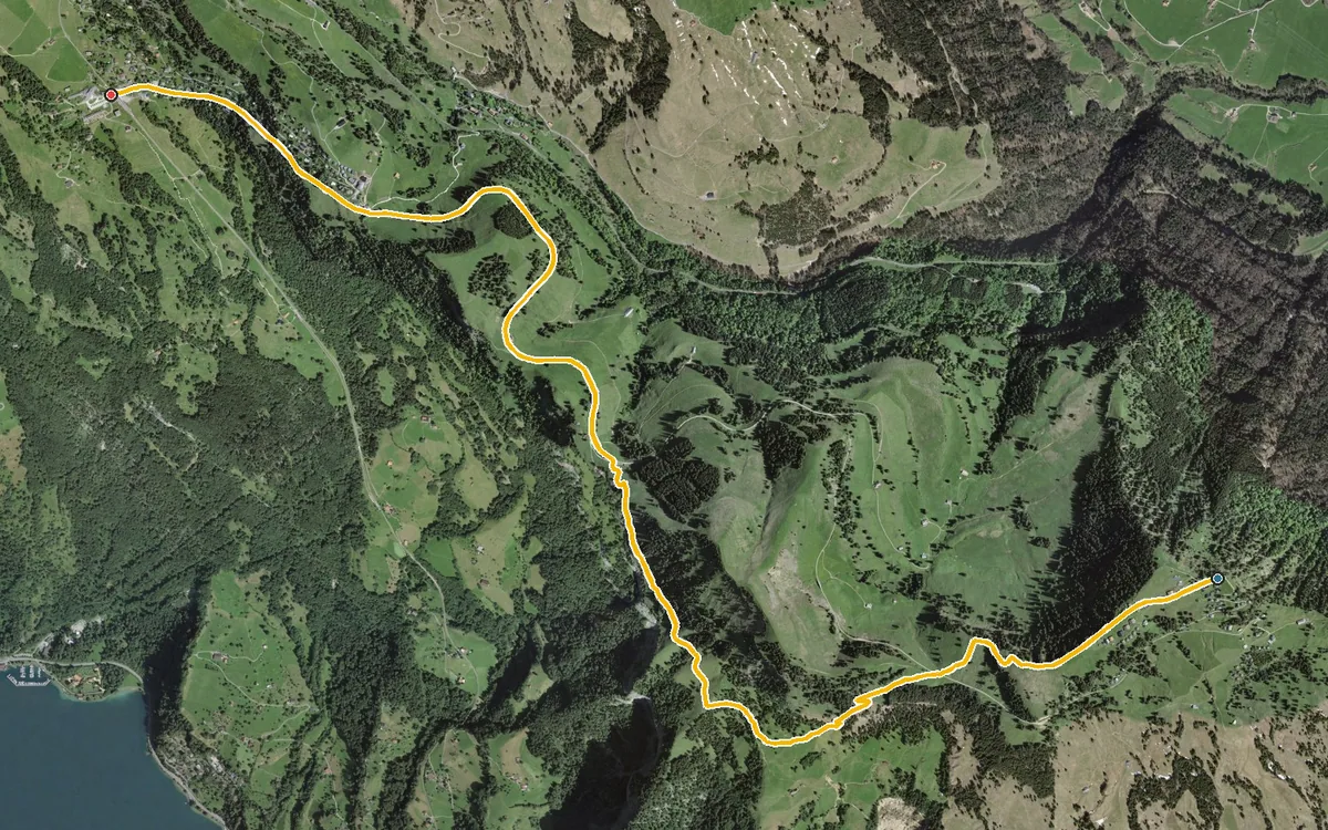 Vista aerea con il percorso tracciato: Sentiero in quota tranquillo da Rigi Scheidegg a Rigi Kaltbad