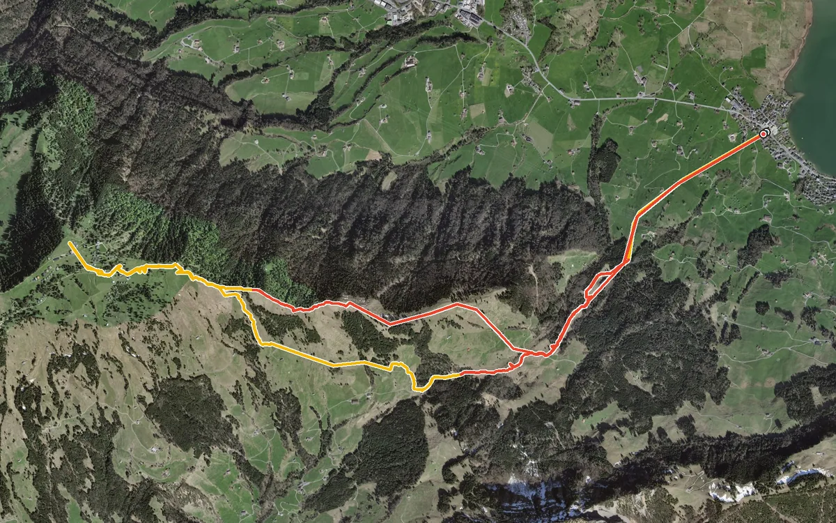 Vista aerea con il percorso tracciato: Anello da Lauerz a Rigi Scheidegg