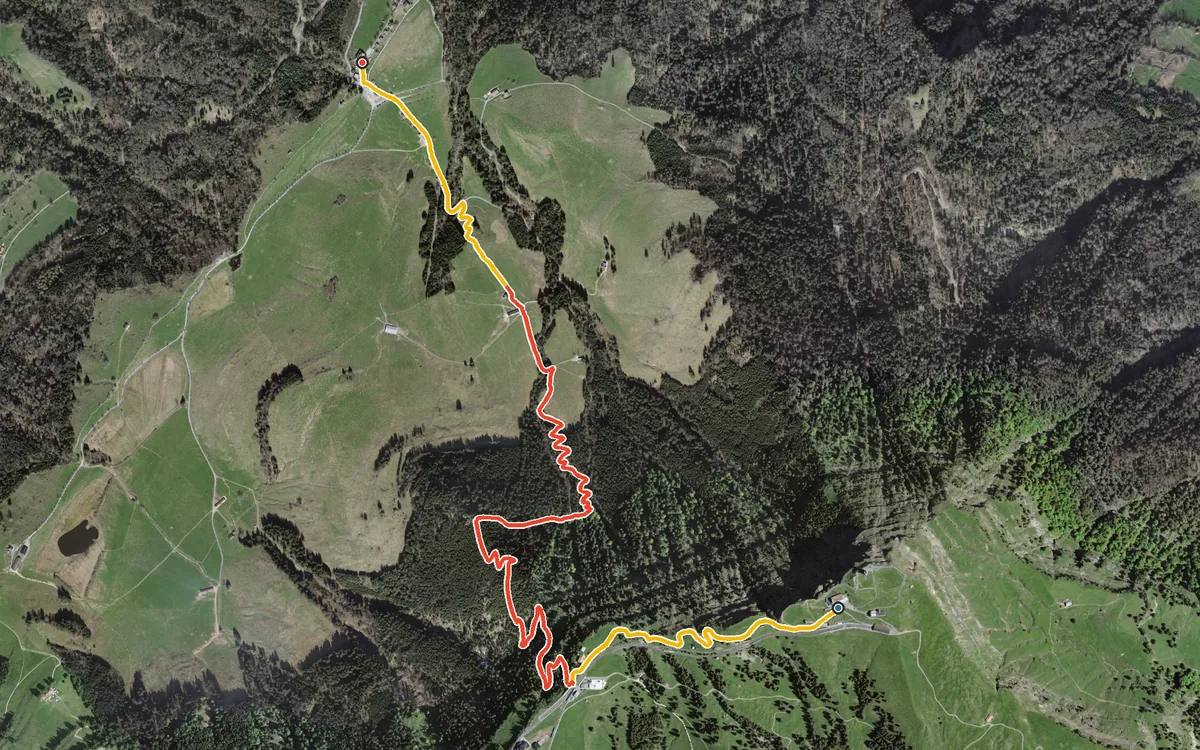 Vista aerea con il percorso tracciato: Dal Rigi Kulm in discesa alla Seebodenalp