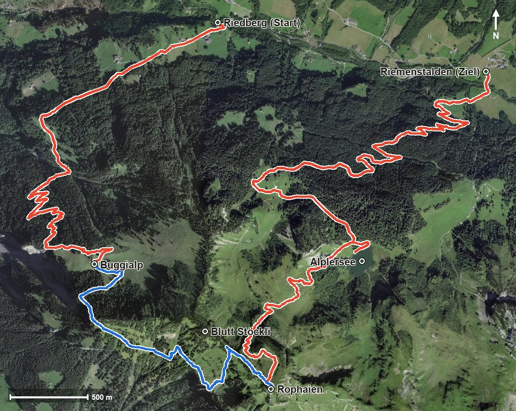 Luftbild mit eingezeichneter Route: Über den Rophaien zum Alplersee