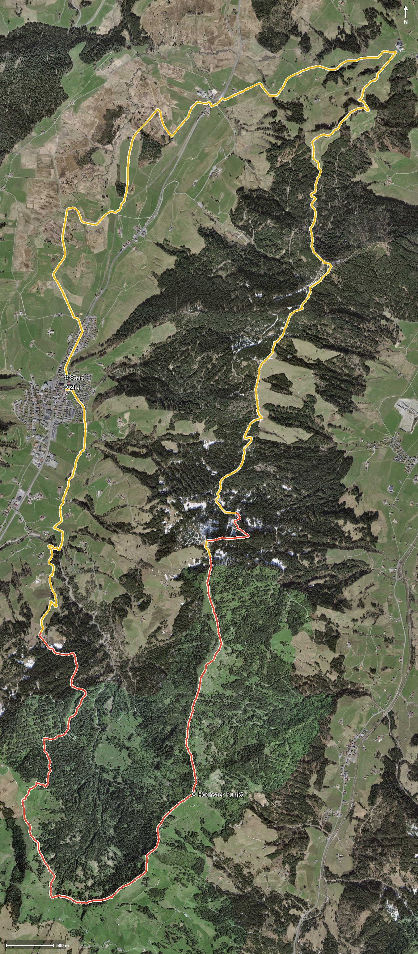 Luftbild mit eingezeichneter Route: Rothenthurmer Thorthour