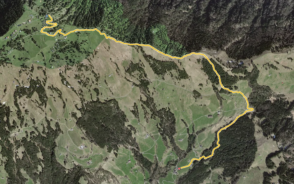 Vista aerea con il percorso tracciato: Da Rigi Scheidegg in discesa per il passo Gätterli