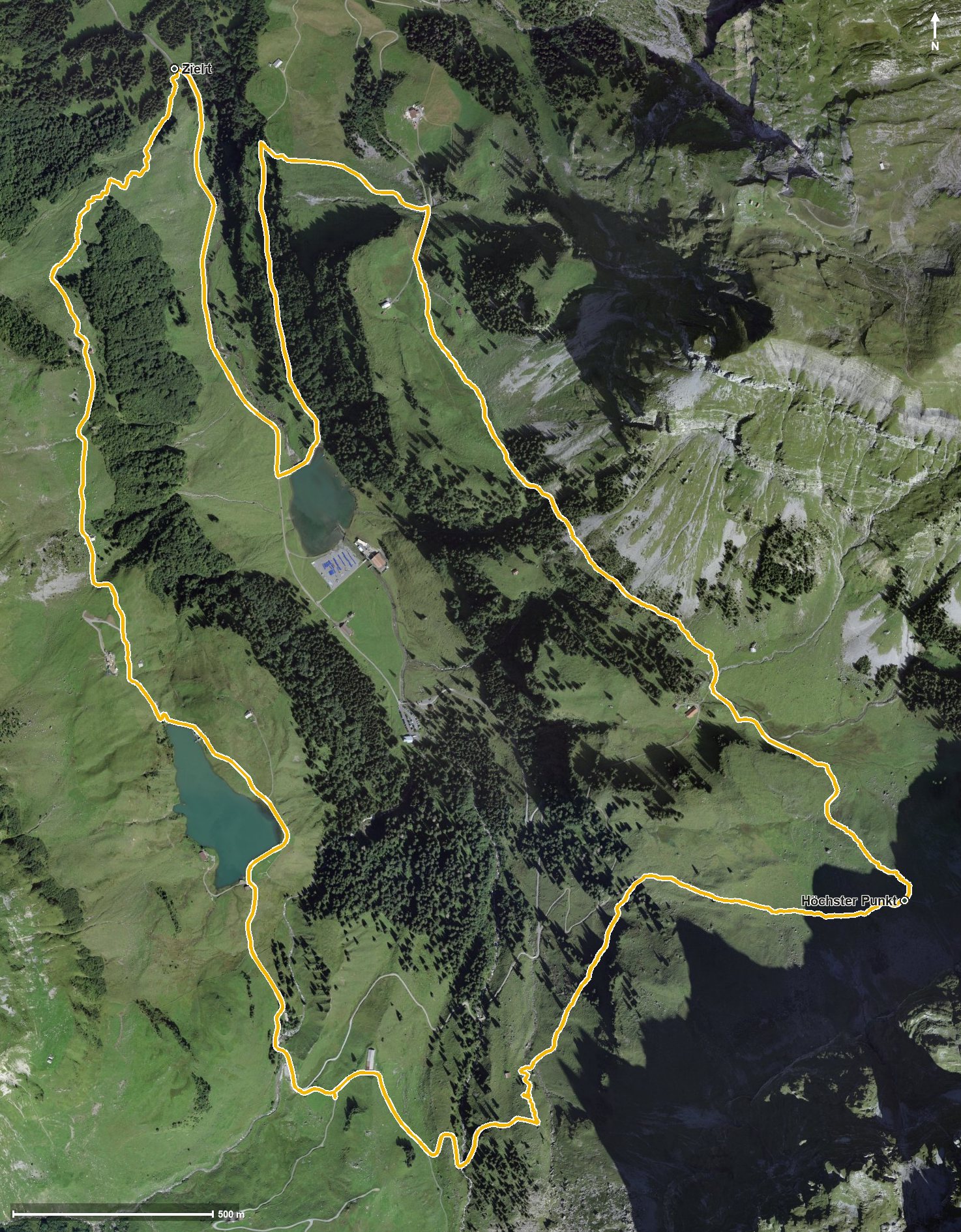 Luftbild mit eingezeichneter Route: Rund ums Sahli