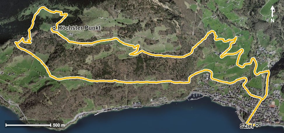 Luftbild mit eingezeichneter Route: Rundwanderung Gersau - Ausserurmi- Märis-Bänkli - Gersau