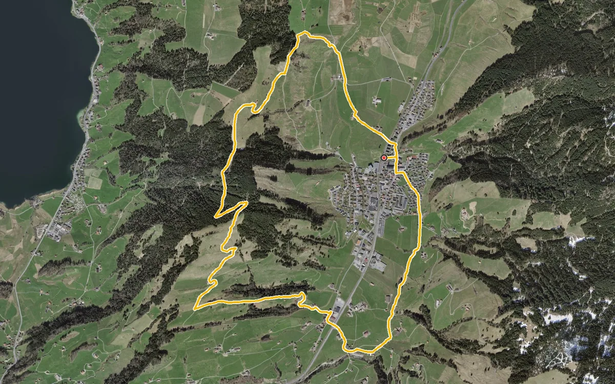 Vista aerea con il percorso tracciato: Anello più breve da Rothenthurm per il Nägeliberg