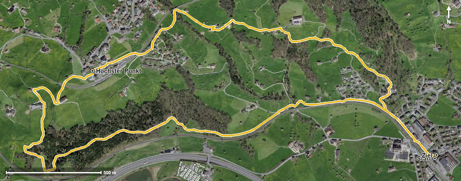 Luftbild mit eingezeichneter Route: Rundweg - "Nach Steinerberg"