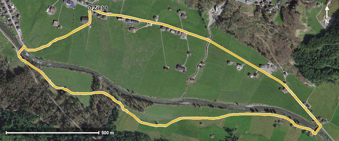 Luftbild mit eingezeichneter Route: Rundweg Ried