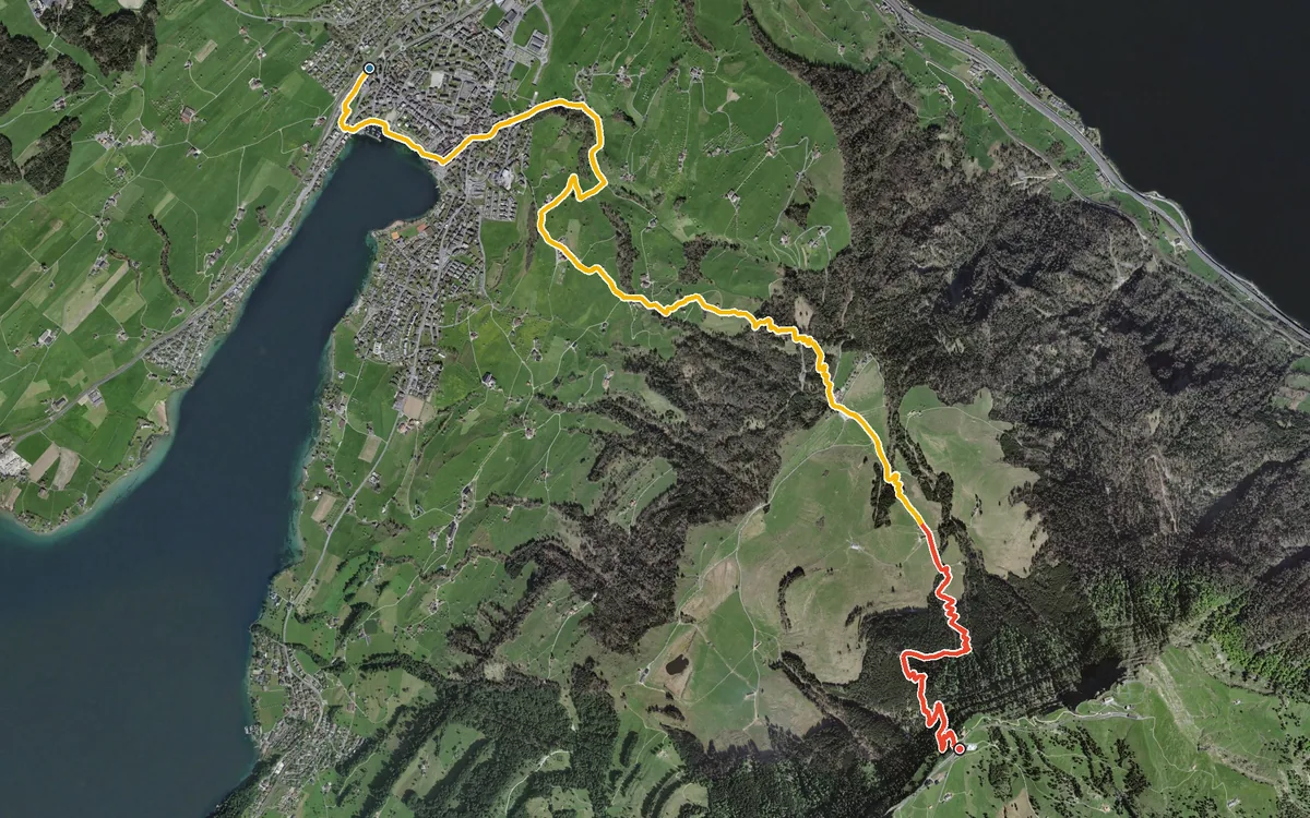 Vista aerea con il percorso tracciato: Da Küssnacht am Rigi in salita a Rigi Staffel