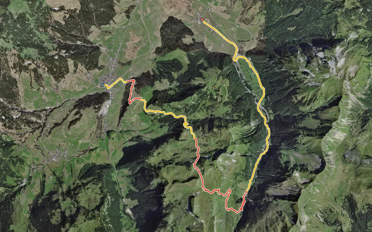 Vista aerea con il percorso tracciato: Da Unteriberg a Studen per la Tierfäderenegg