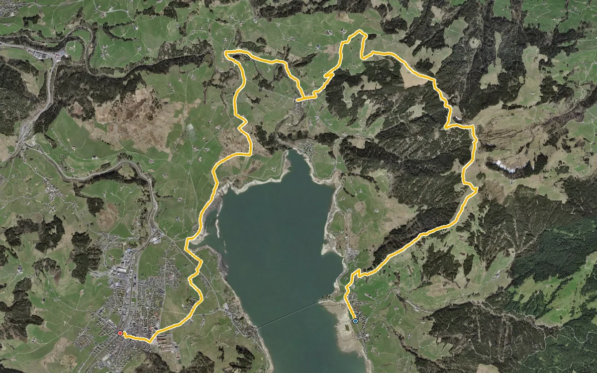 Vista aerea con il percorso tracciato: Da Willerzell a Einsiedeln lungo la Sihl