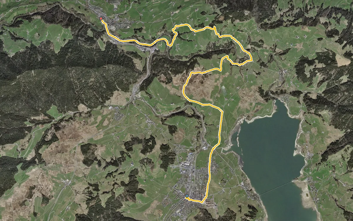 Vista aerea con il percorso tracciato: Da Einsiedeln a Schindellegi lungo la Sihl