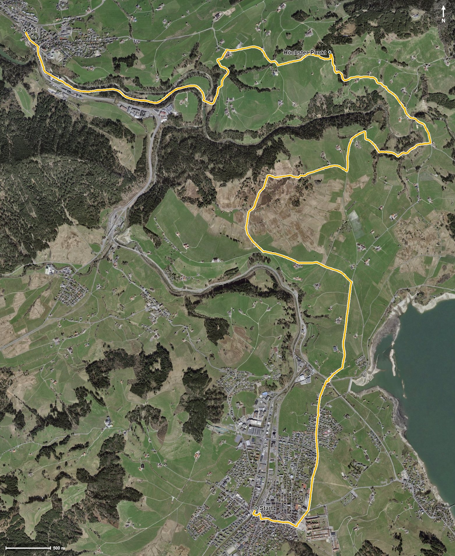 Luftbild mit eingezeichneter Route: Sihl ErlebnisWeg 4. Etappe – Einsiedeln - Schindellegi