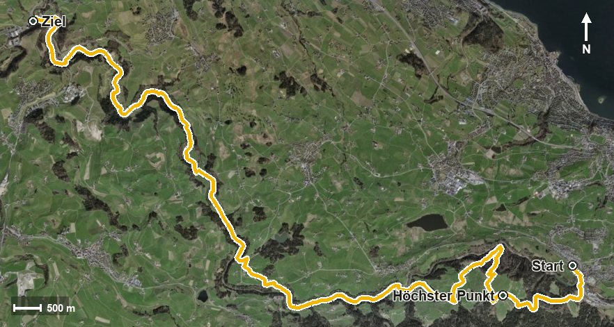 Luftbild mit eingezeichneter Route: Sihl ErlebnisWeg 5. Etappe – Schindellegi - Sihlbrugg