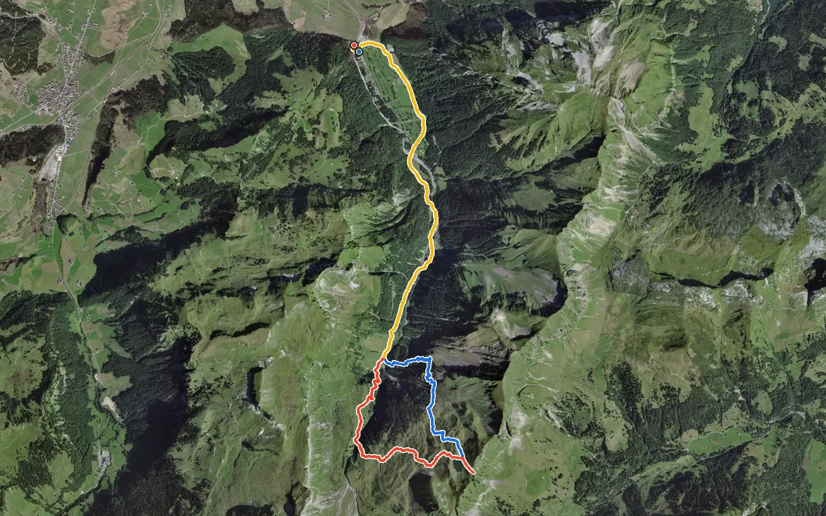 Vista aerea con il percorso tracciato: Anello impegnativo dall’Ochsenboden, presso Studen