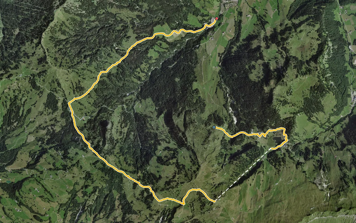Vista aerea con il percorso tracciato: Dalla Laucheren a Oberiberg per lo Spirstock