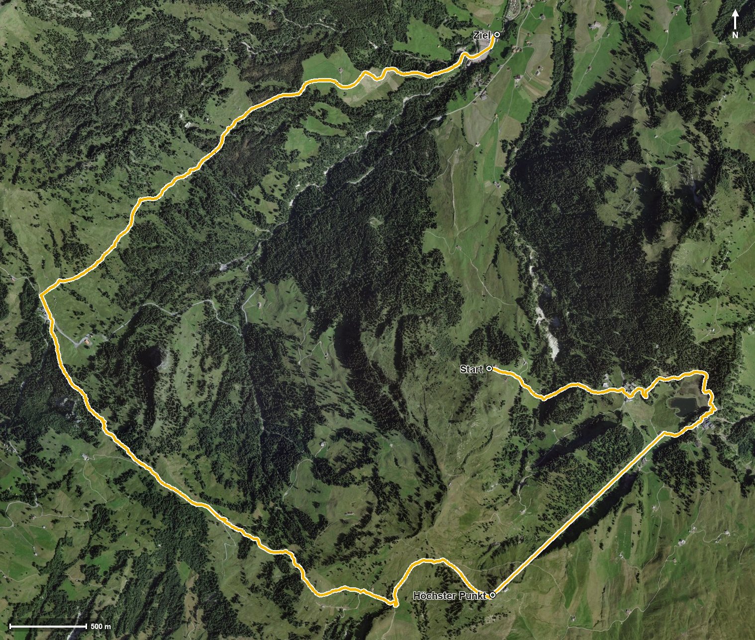 Luftbild mit eingezeichneter Route: Spirstock - alter Schwyzerweg
