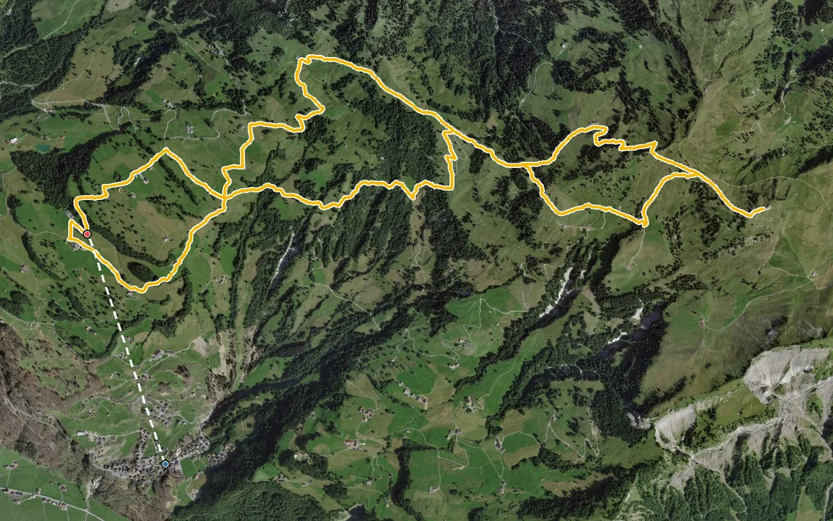 Vista aerea con il percorso tracciato: Da Illgau allo Spirstock per l’Oberberg